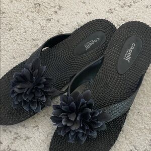 Capelli of New York Black Floral Wedge Sandals